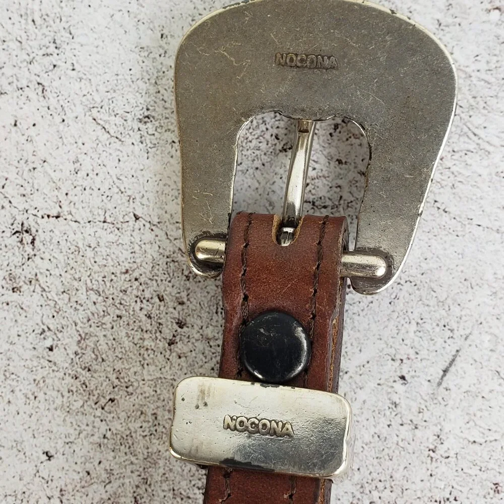 Vintage NOCONA Leather Belt Western Engraved Buckle Southwestern Boho Brown 34